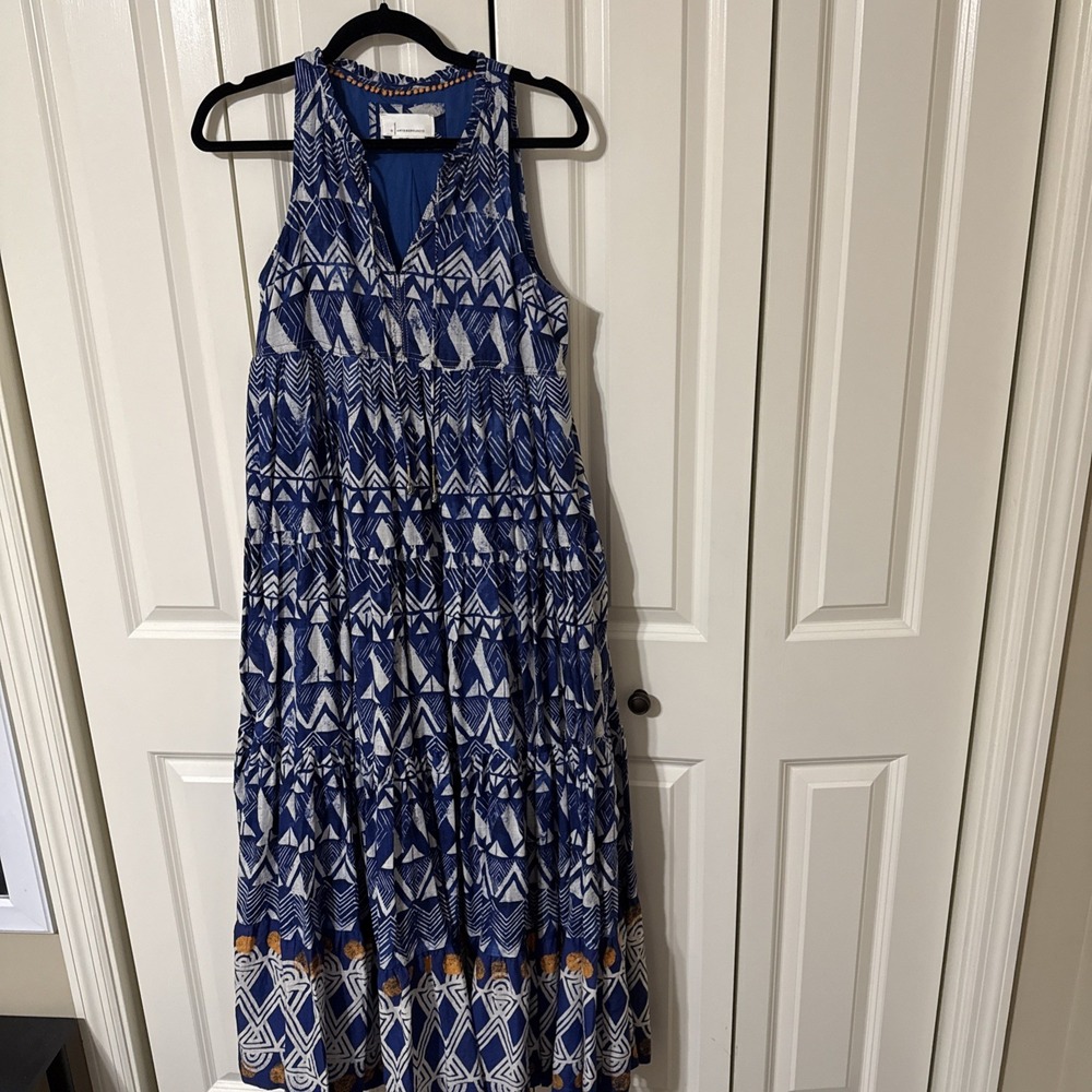 Anthropology Tiered Abstract Blue Pattern Maxi Dress Sz XS Boho Cottage Core